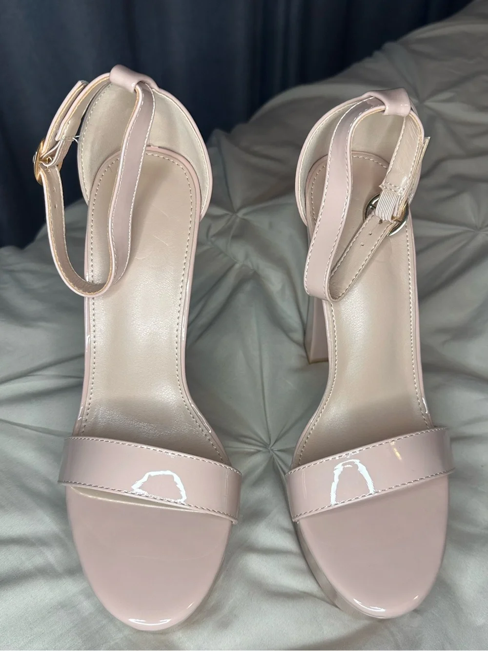 Patent Platform Block Heel Sandals in Blush Pink